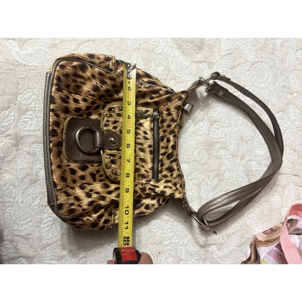 Kathy Van Zeeland Leopard Print Hobo Bag Y2K Studded Shoulder Purse Brown